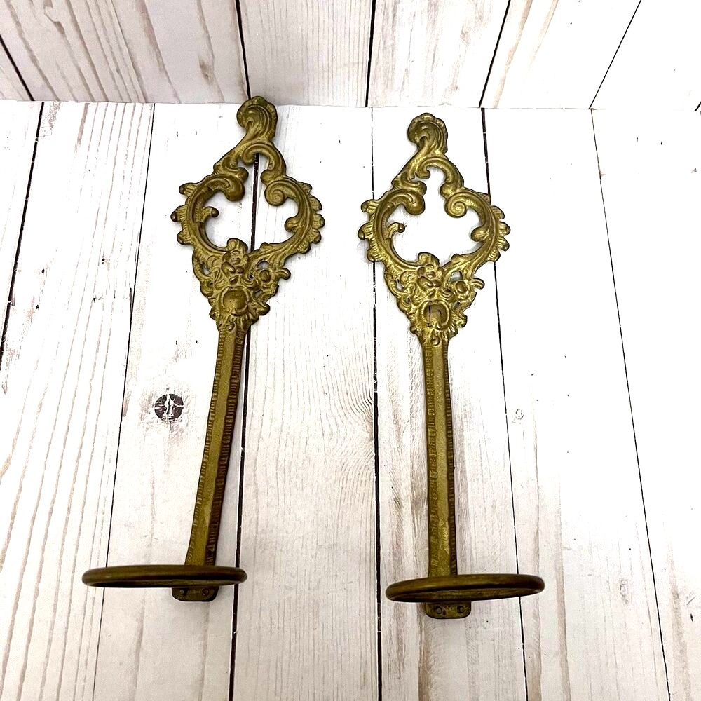 Vintage Pair Of Brass Wall Sconces Candlestick Holders Floral Design Art Deco